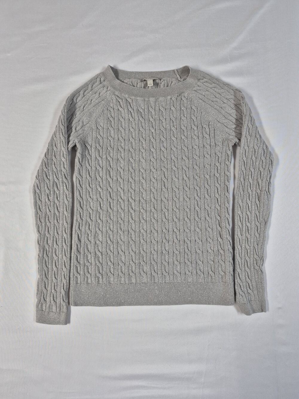 Talbots Petites Cable Knit Sweater Grey Silver Metallic Shimmer Crewneck Size P
